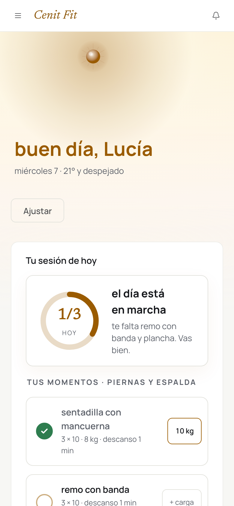 La pantalla Hoy de una clienta, con la sesión del día y los ejercicios para marcar.