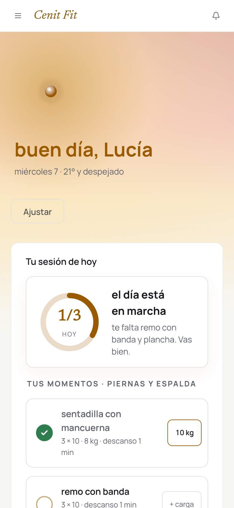 A tela Hoje de uma cliente no celular: a sessão do dia, os exercícios e a mensagem da semana.